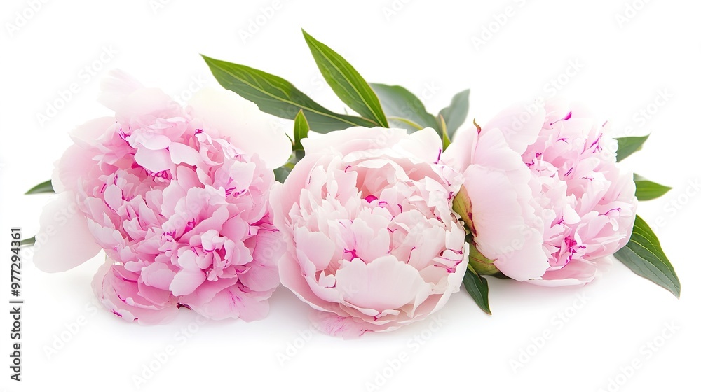 A beautiful arrangement of peonies on a white background, showcasing their delicate petals and vibrant colors, perfect for floral designs and elegant decor.