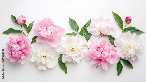 A beautiful arrangement of peonies on a white background, showcasing their delicate petals and vibrant colors, perfect for floral designs and elegant decor.