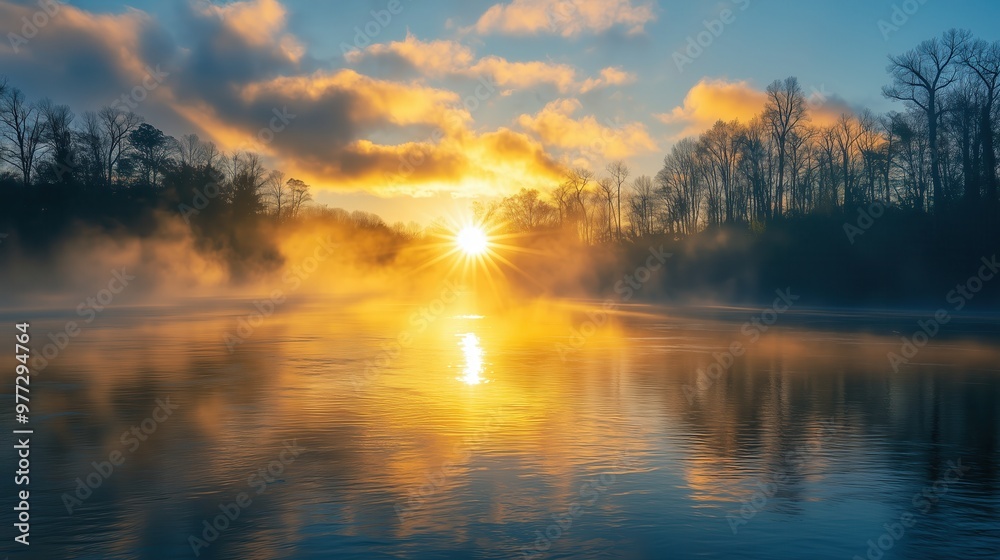 A beautiful sunrise over a lake with foggy mist. The sun is shining brightly on the water, creating a serene and peaceful atmosphere A beautiful sunrise over a lake with foggy mist. The sun is shining brightly on the water, creating a serene and peaceful atmosphere