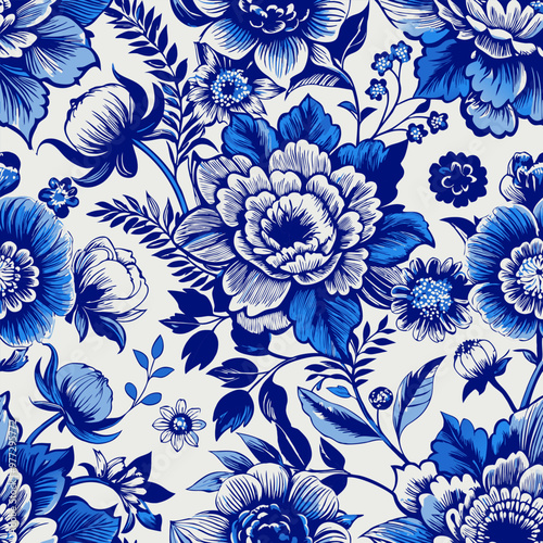 Bloom. Vintage floral seamless pattern. Spring flowers. Blue and white. Chinoiserie vector illustration