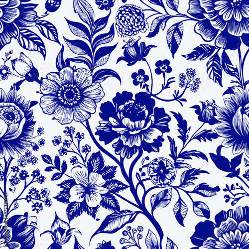 Bloom. Vintage floral seamless pattern. Spring flowers. Blue and white. Chinoiserie vector illustration