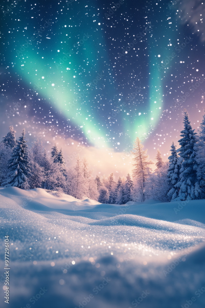 Magical Winter Wonderland with Northern Lights and Snow-Covered Forest