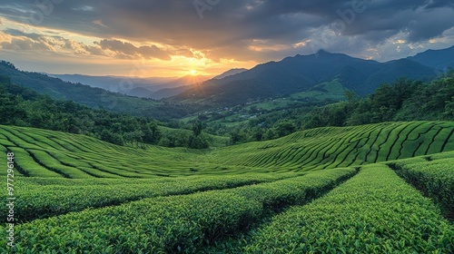 Agricultural area green tea on mountain Chiang rai Thailand, Aerial view of the mountainous area where the tea plantations are located.