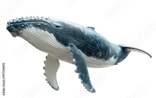 A stunning, lifelike illustration of a majestic humpback whale in mid-swim against a clean white background, showcasing intricate details and textures. photo