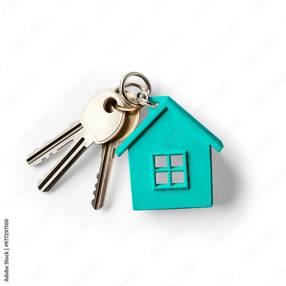 House keys with turquoise keychain in the shape of a little house as a concept for real estate, buying or renting houses, with transparent background and shadow