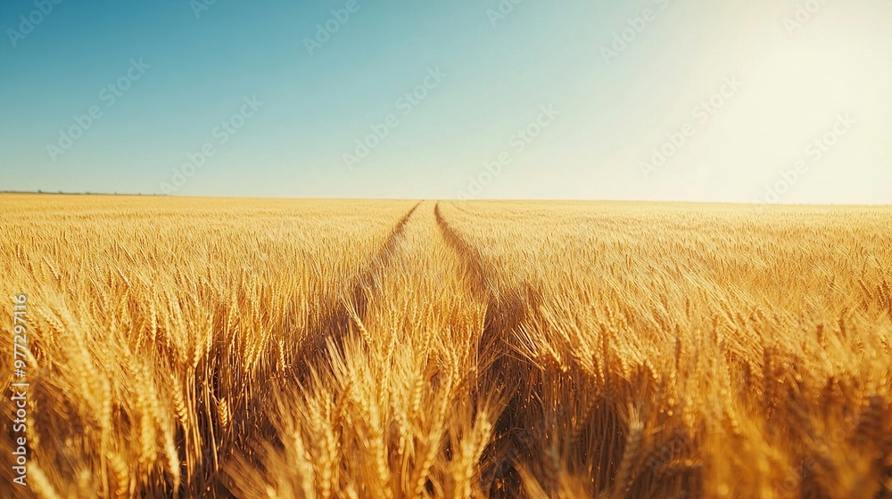 Obraz premium A vast golden wheat field under a clear blue sky with tire tracks leading into the distance.