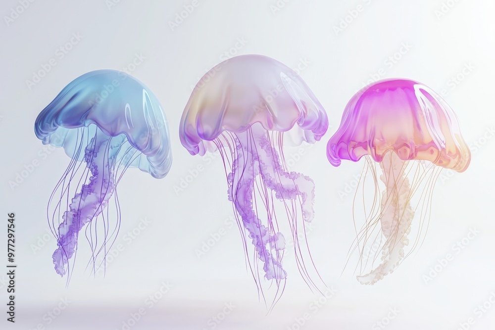 Fototapeta premium Vibrant Jellyfish Trio - Ethereal Aquatic Creatures