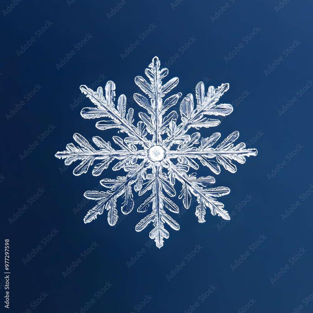 59. A single white snowflake isolated on a clean blue background 59. A single white snowflake isolated on a clean blue background
