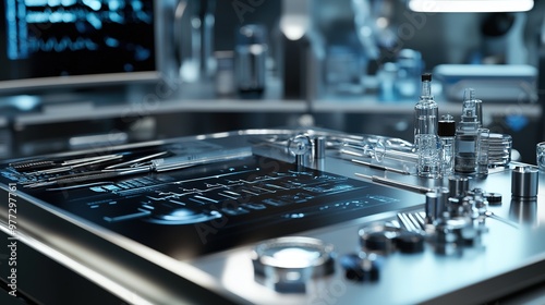 A close-up of high-tech medical equipment, including surgical instruments and diagnostic devices, displayed on a stainless steel table in a sterile environment.