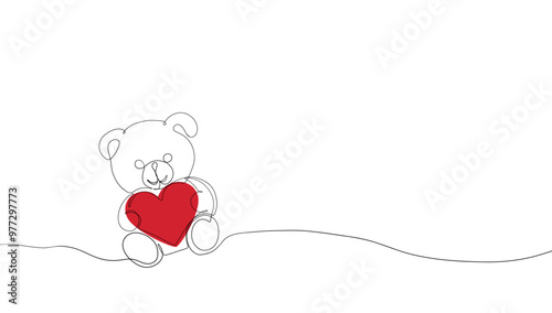 Cute Bear with heart one continuous line drawing. Teddy bear with valentine day red heart minimalistic linear animal logo. Vector hand drawn symbol