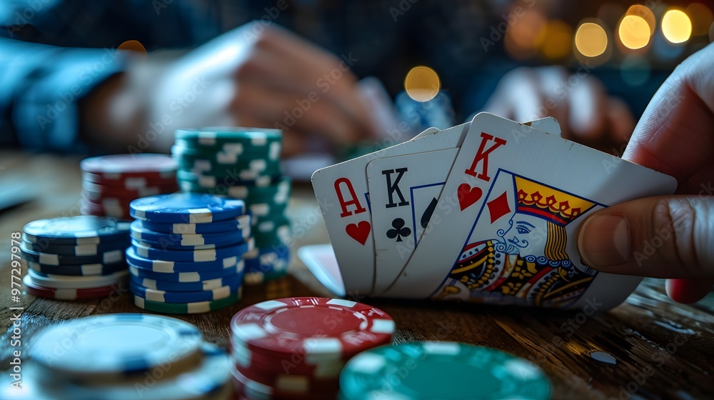 Winning Hand in Poker: A winning poker hand laid out on the table, surrounded by chips and cards. 
