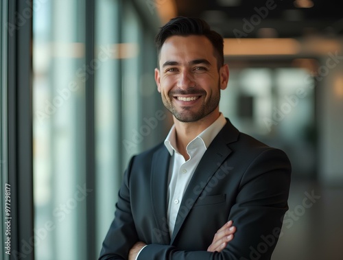Smiling elegant confident young professional Latino hispanic business man , male working proud leader, smart Latin businessman lawyer or company manager executive looking at camera standing in office photo