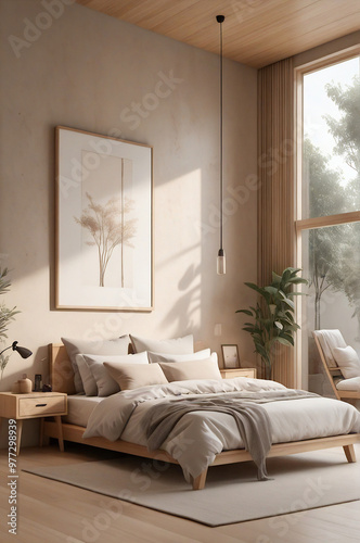 Tranquil Minimalist Bedroom with Natural Elements and Modern Design
