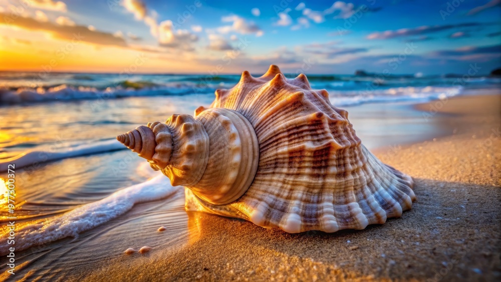 Beautiful conch shell on sandy beach during a golden sunset, with waves gently lapping. Ideal for summer, nature, and relaxation themes. Beautiful conch shell on sandy beach during a golden sunset, with waves gently lapping. Ideal for summer, nature, and relaxation themes.