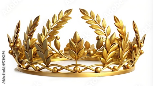 A gold laurel wreath crown symbolizing victory and royalty, featuring intricate leaf details on a white background, ideal for ceremonial themes.