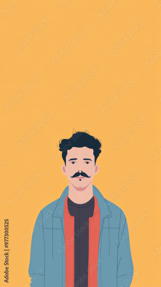 Illustration of young adult man with mustache on color background with copy space Illustration of young adult man with mustache on color background with copy space
