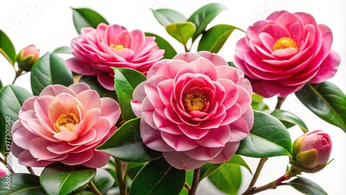 Close-up of vibrant pink camellia flowers with lush green leaves, captured in natural light, perfect for floral and nature-themed imagery.