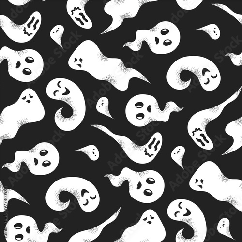Seamless Halloween pattern with ghosts. Black and white funny ghosts with various emotions. For wrapping, prints, textiles, backgrounds. Spirits with texture. Scared, laughing, surprised, tired faces.