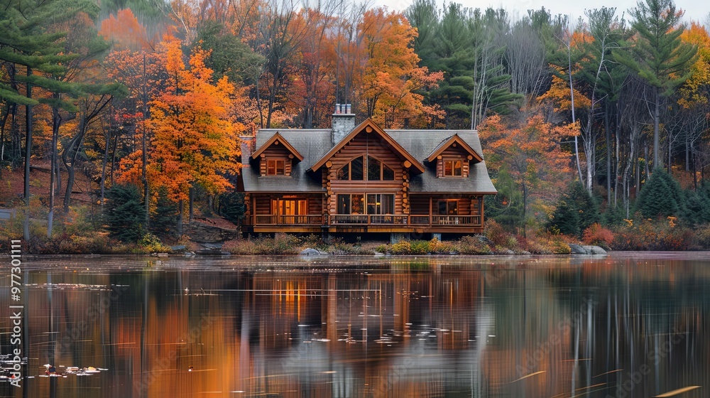A charming log cabin nestled by a tranquil lakeside, enveloped in the rich, vibrant hues of autumn foliage with tall trees forming a scenic forest backdrop. A charming log cabin nestled by a tranquil lakeside, enveloped in the rich, vibrant hues of autumn foliage with tall trees forming a scenic forest backdrop.