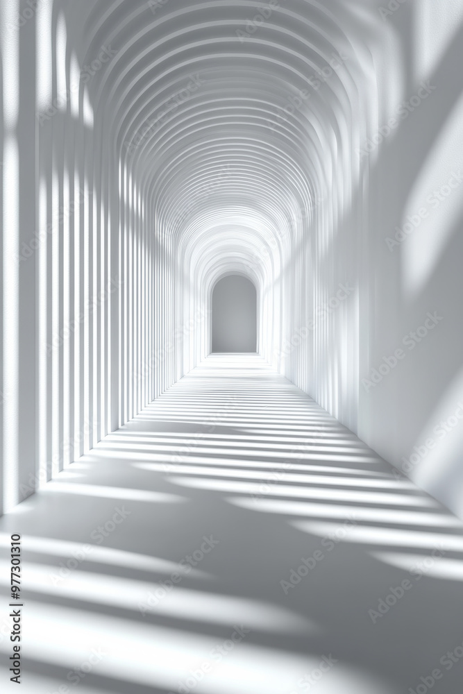 A serene, futuristic white hallway with arches casting dramatic shadows, creating a sense of depth and endlessness in a minimalist architectural style. A serene, futuristic white hallway with arches casting dramatic shadows, creating a sense of depth and endlessness in a minimalist architectural style.