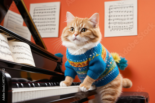 cat playing with piano