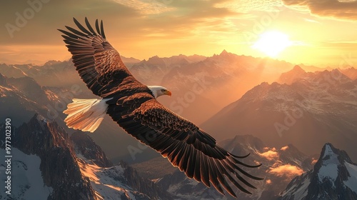 A bald eagle soaring high above a mountainous landscape, with the sun setting behind the peaks