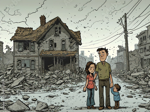 A cartoon-style post-war scene depicts a ruined city street. A pair of parents and their child stand in front of a damaged house. The parents' faces show concern and exhaustion, while the child clings