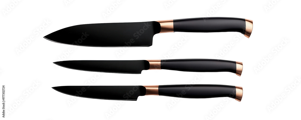 Set of elegant kitchen knives with sleek black handles and copper accents, with transparent background Set of elegant kitchen knives with sleek black handles and copper accents, with transparent background