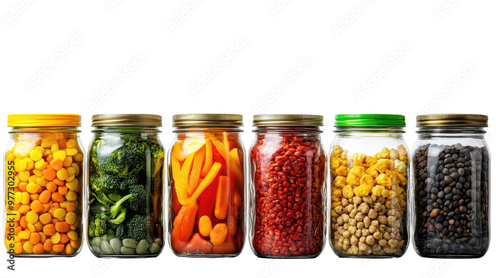 Colorful jars filled with various fresh vegetables, with transparent background Colorful jars filled with various fresh vegetables, with transparent background