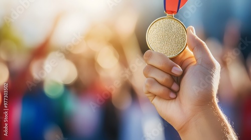 Victorious Hand Holding a Gold Medal: A close-up of a hand triumphantly holding a shiny gold medal, with a blurred crowd cheering in the background. 
