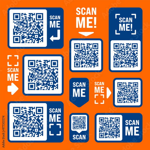 Scan me QR code sticker with text. Online payment. Special offer sale stickers, shopping discount label, promotional badge. Product serial number. Supermarket retail price tag. Vector illustration