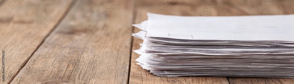 A stack of white paper on a rustic wooden surface, ideal for backgrounds, textures, or office-related themes.