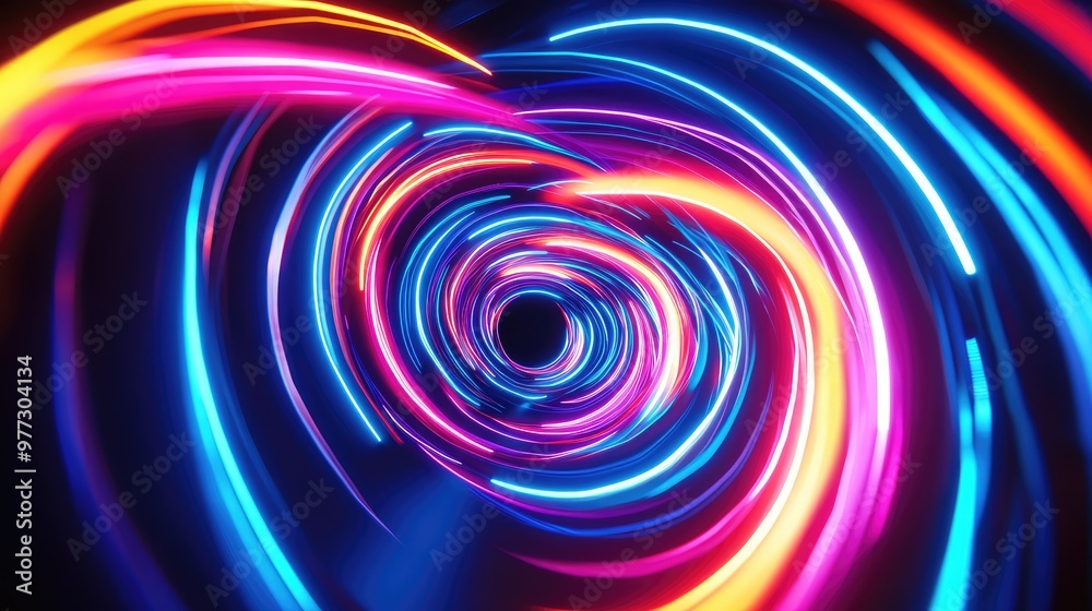 Pulsating neon lines spiraling into an abstract vortex, glowing brightly in the dark. Pulsating neon lines spiraling into an abstract vortex, glowing brightly in the dark.