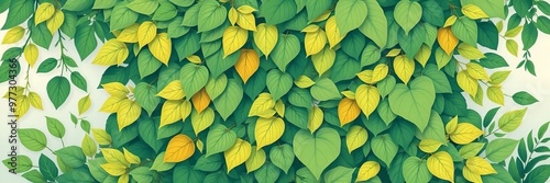 there is a painting of a bunch of green and yellow leaves.