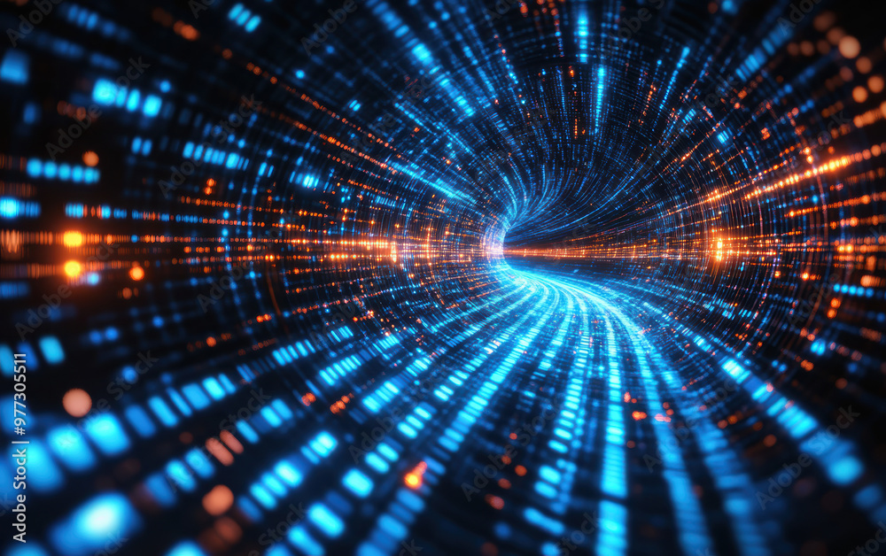 Fototapeta premium Abstract digital tunnel with vibrant blue and orange lights representing data flow, speed, and technology in a futuristic cyberspace background.