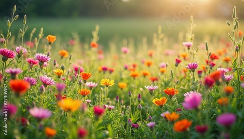 Colorful wildflowers flourish in a sunlit field, creating a lively and serene environment