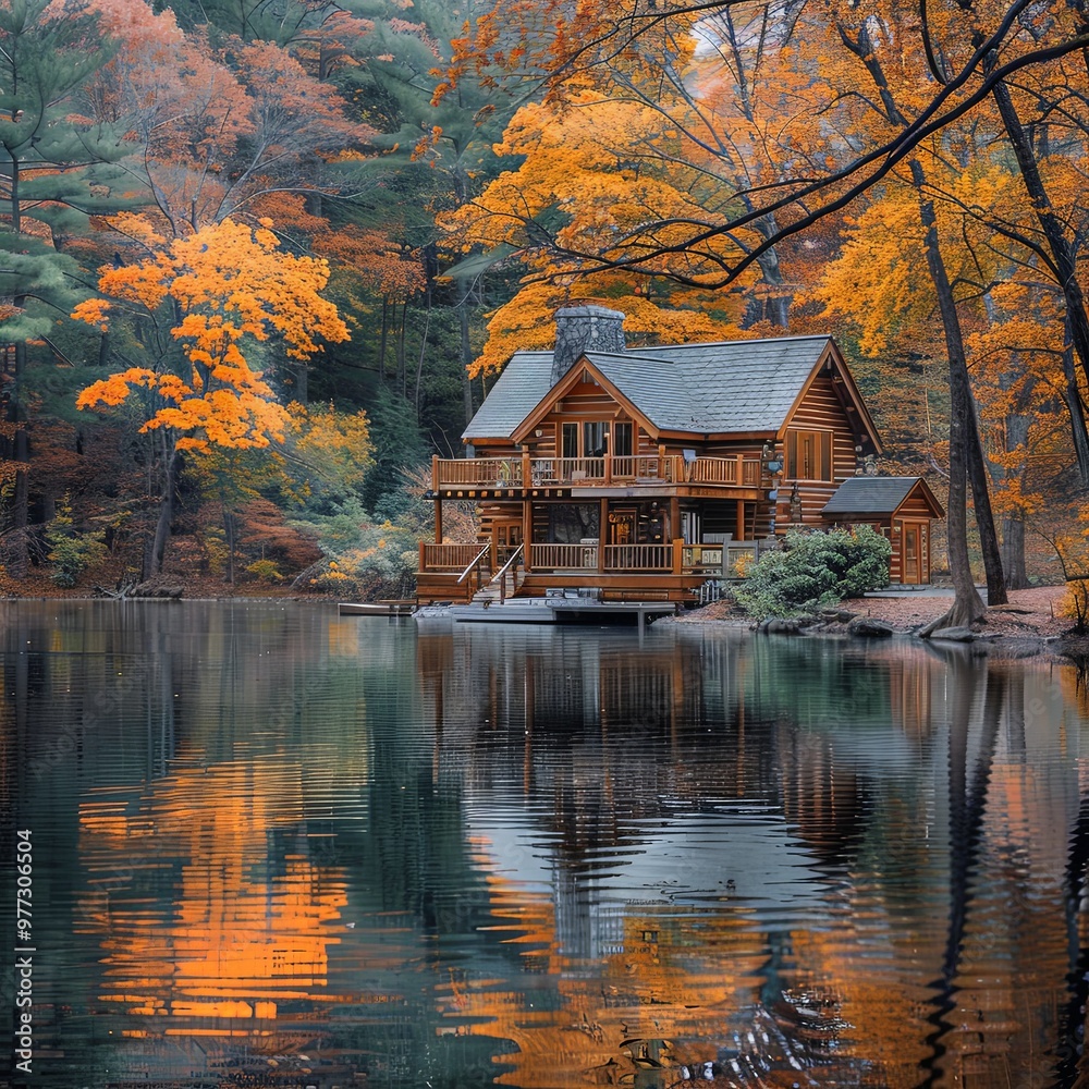 A charming log cabin by the lake, surrounded by the vibrant colors of autumn, its serene reflection on the still water creating a tranquil scene in the heart of nature.