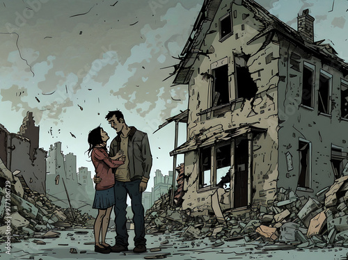 A cartoon-style post-war scene depicts a ruined city street. A pair of parents and their child stand in front of a damaged house. The parents' faces show concern and exhaustion, while the child clings