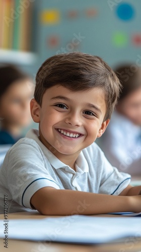 Cheerful young student beams with enthusiasm in a colorful classroom setting, showcasing the joy of learning and positive educational environment.