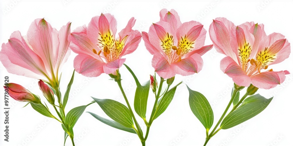 Obraz premium Delicate pink flowers in a row display softness and beauty. Perfect for floral arrangements and nature themes. A fresh, clean style that inspires peace and tranquility. AI