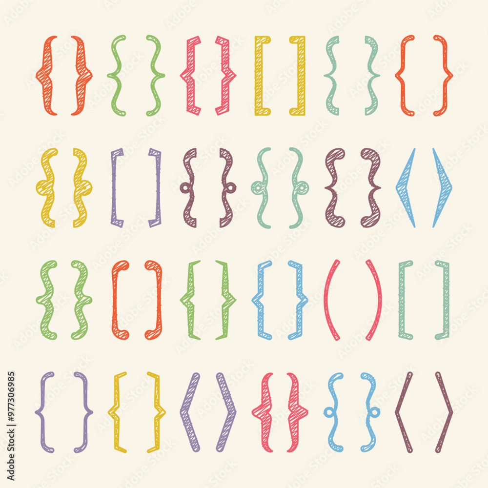 Shaded text brackets, colorful quotation box. Curly, square and corner parentheses. Vintage typographical symbol, calligraphic quote frame. Doodle, lettering element. Vector illustration Shaded text brackets, colorful quotation box. Curly, square and corner parentheses. Vintage typographical symbol, calligraphic quote frame. Doodle, lettering element. Vector illustration