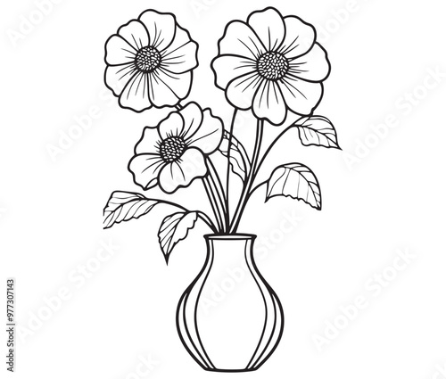 Coloring book worksheet for kids bouquet of flowers in vase 