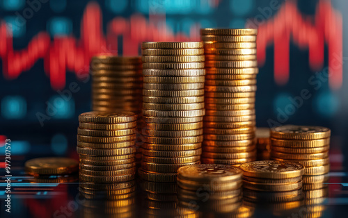 Stacks of gold coins on a digital financial chart background showcasing economic growth, investment opportunities, and stock market performance.