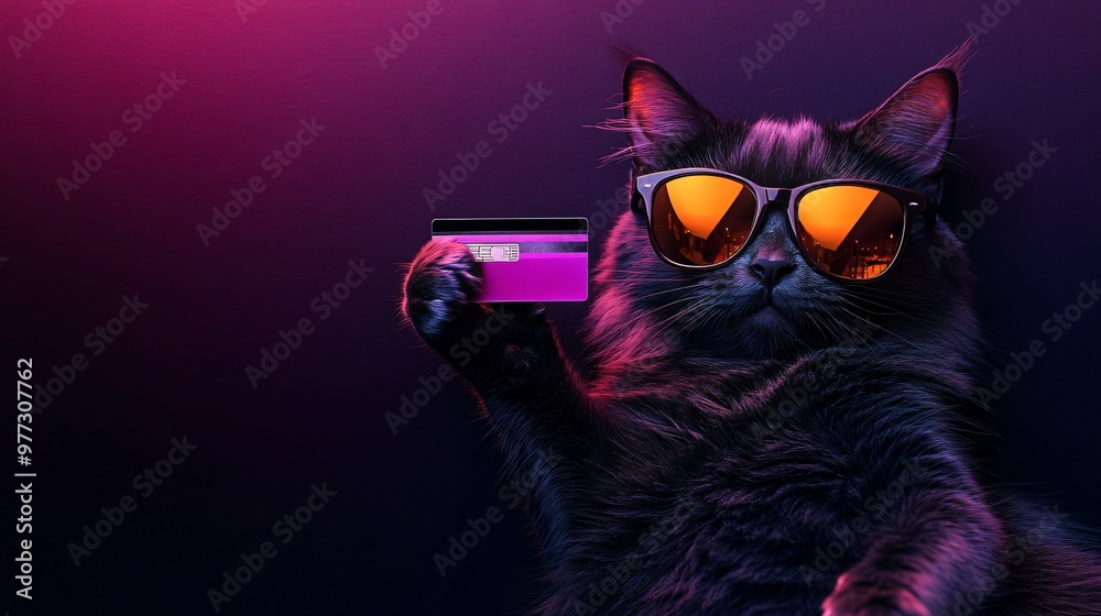 Fototapeta black cat in sunglasses holding a credit card
