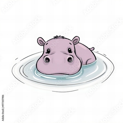 cartoon hippo in the water with its head above the water. photo