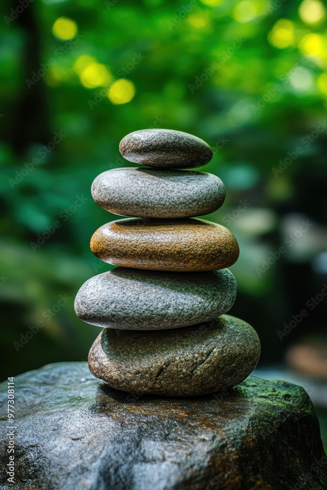 A serene stack of smooth stones balanced on one another, set against a lush green forest background. A serene stack of smooth stones balanced on one another, set against a lush green forest background.