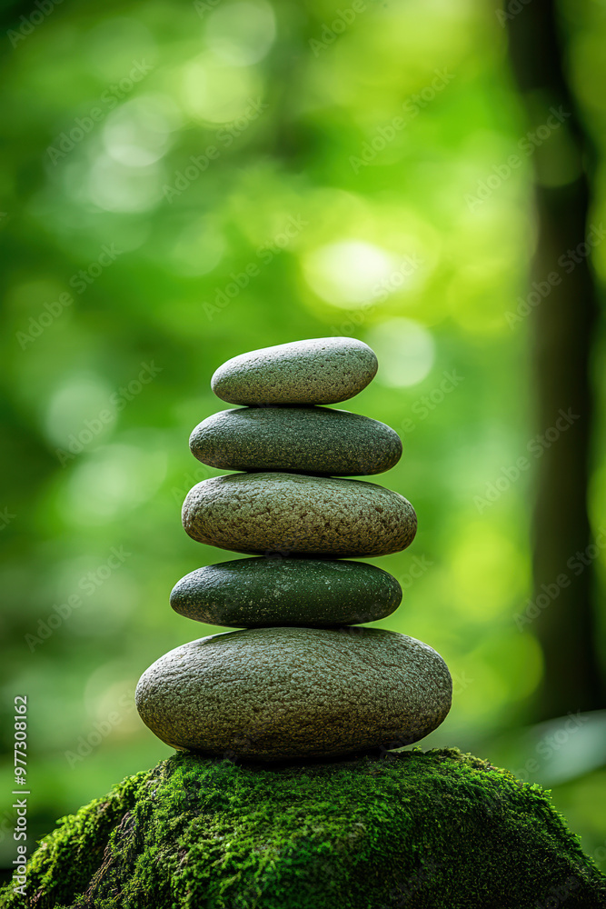 A serene stack of smooth stones balanced on moss in a lush green forest, embodying tranquility and natural harmony. A serene stack of smooth stones balanced on moss in a lush green forest, embodying tranquility and natural harmony.