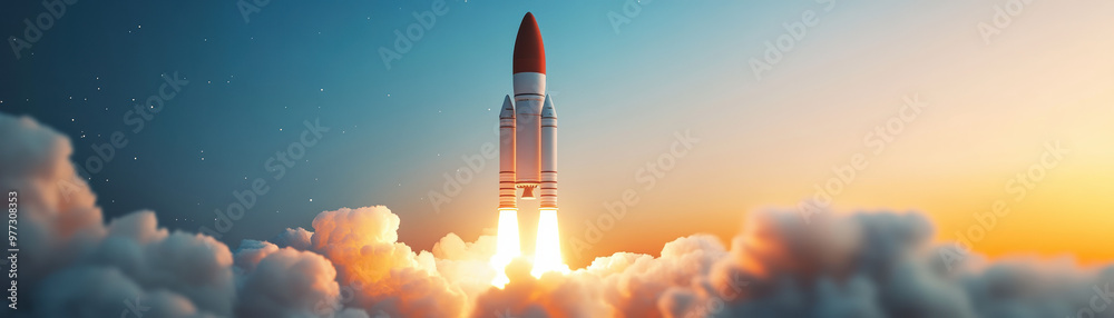 A rocket launches into the sky, leaving a trail of smoke and fire against a stunning sunset backdrop, symbolizing innovation and exploration. A rocket launches into the sky, leaving a trail of smoke and fire against a stunning sunset backdrop, symbolizing innovation and exploration.