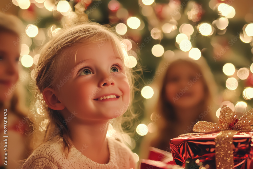 Enchanted Christmas Morning. A young Caucasian girl with blonde hair, marvels at twinkling Christmas lights, conveying pure joy and wonder.
Enchanted Christmas Morning. A young Caucasian girl with blonde hair, marvels at twinkling Christmas lights, conveying pure joy and wonder.