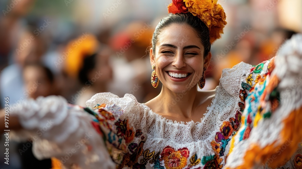A cheerful woman dances in traditional attire under a crown of flowers, embodying the joy and cultural richness of a lively festival or celebration. A cheerful woman dances in traditional attire under a crown of flowers, embodying the joy and cultural richness of a lively festival or celebration.